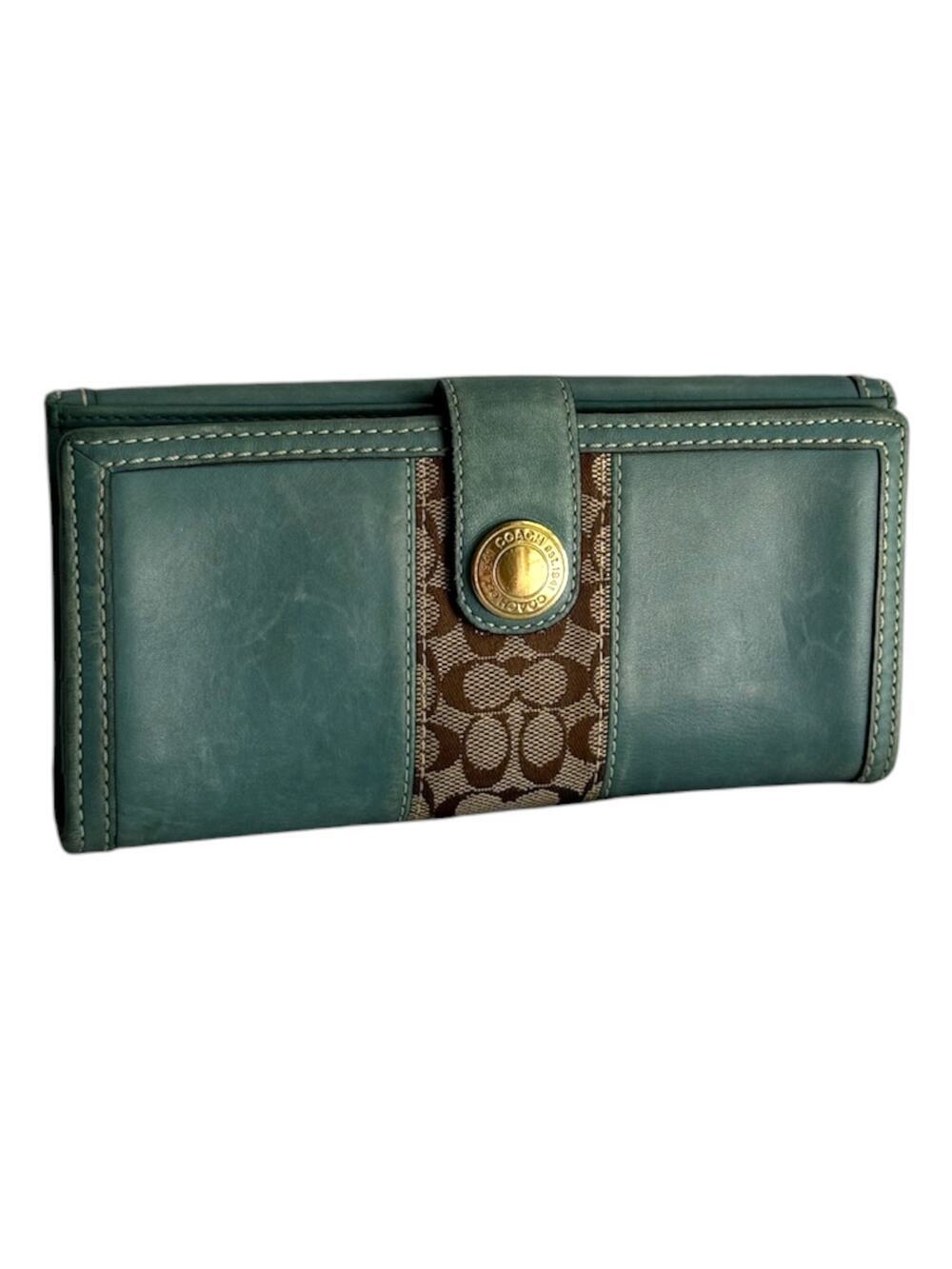 Vintage COACH Signature Stripe Slim Envelope Wallet Teal Blue Leather Bifold Y2K
